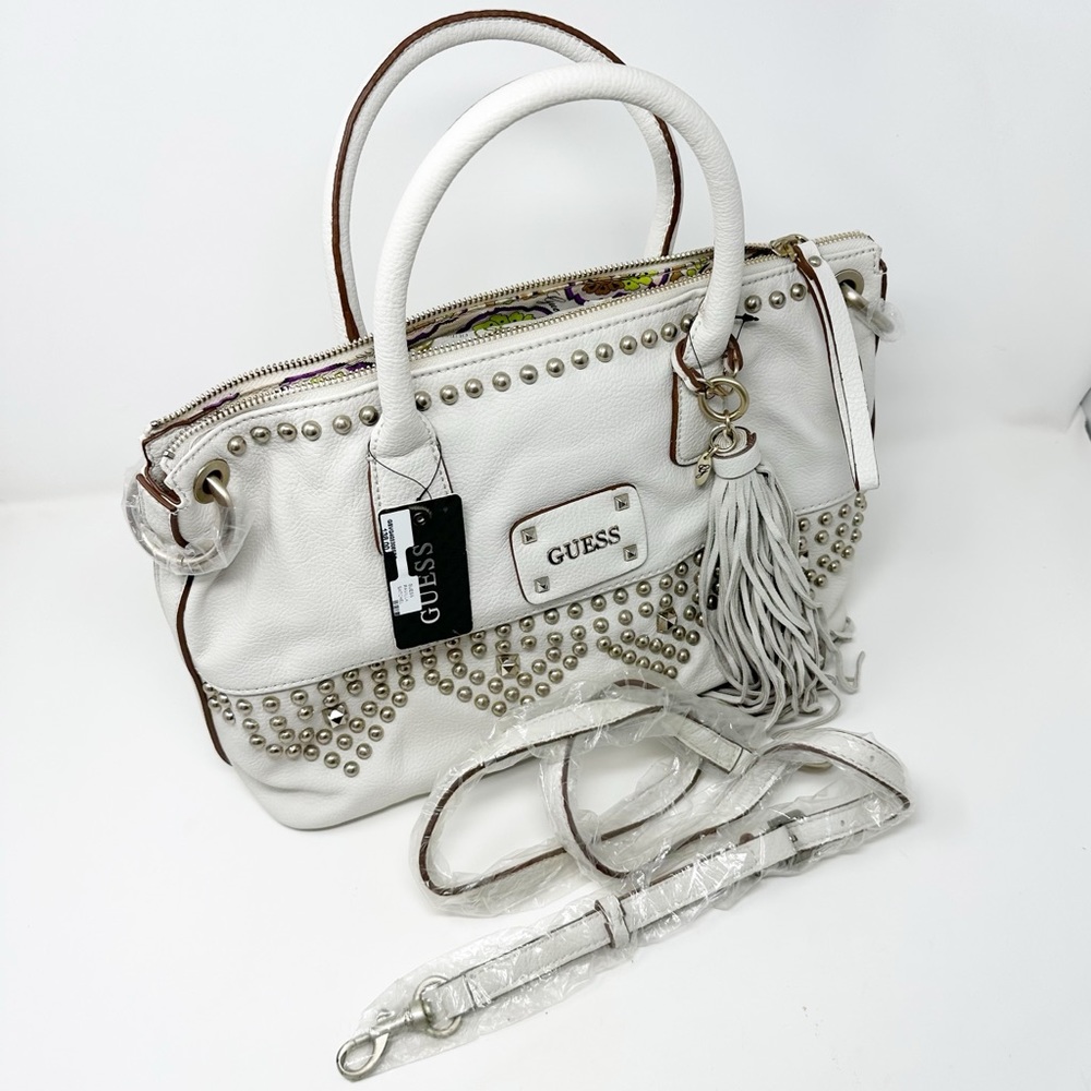 Guess Satchel Crossbody Leather Studded Shoulder Bag Tote w/ Fringe Tassel Charm - Picture 2 of 14